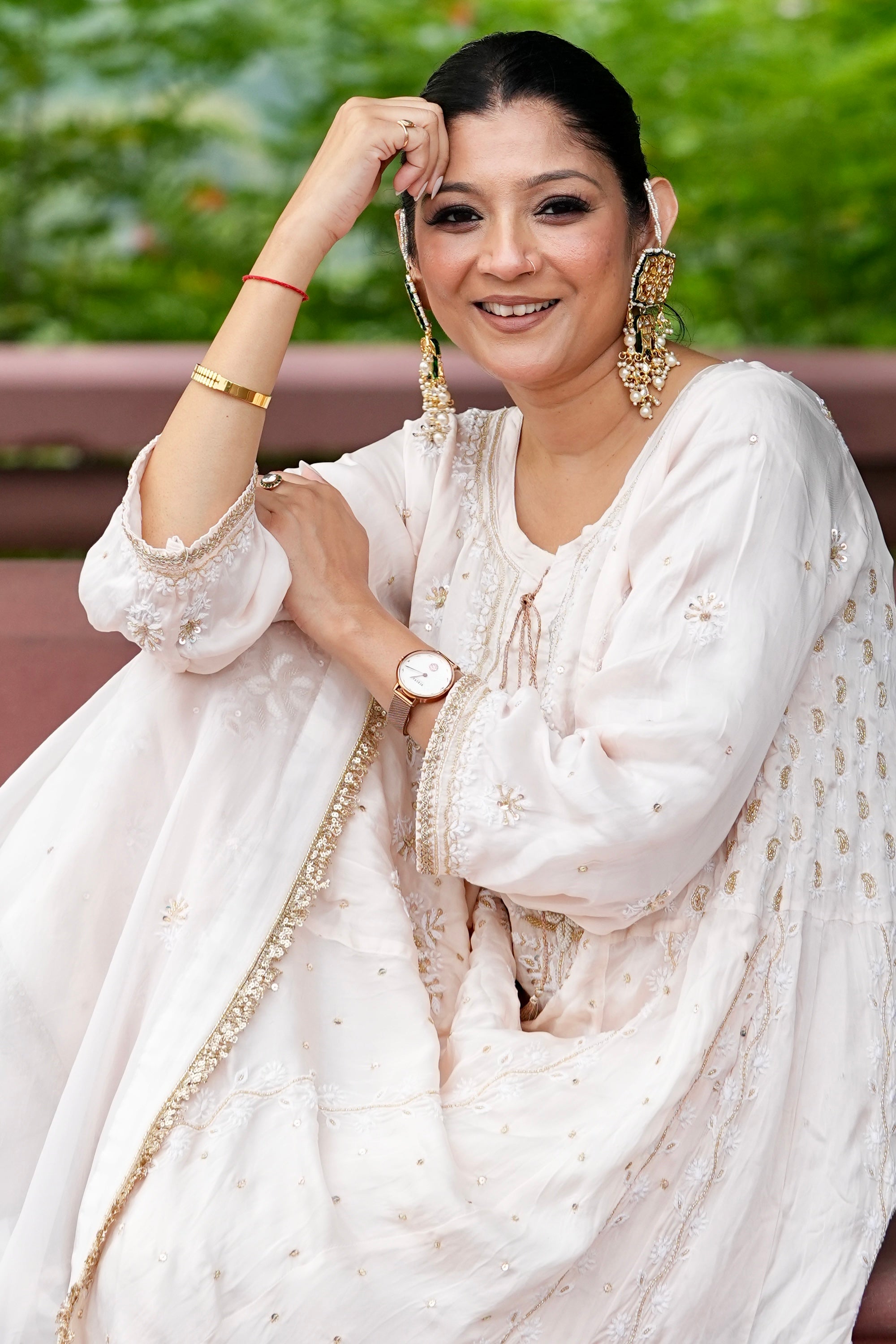 Organza Silk Ready to Wear Anarkali in Ivory & Gold