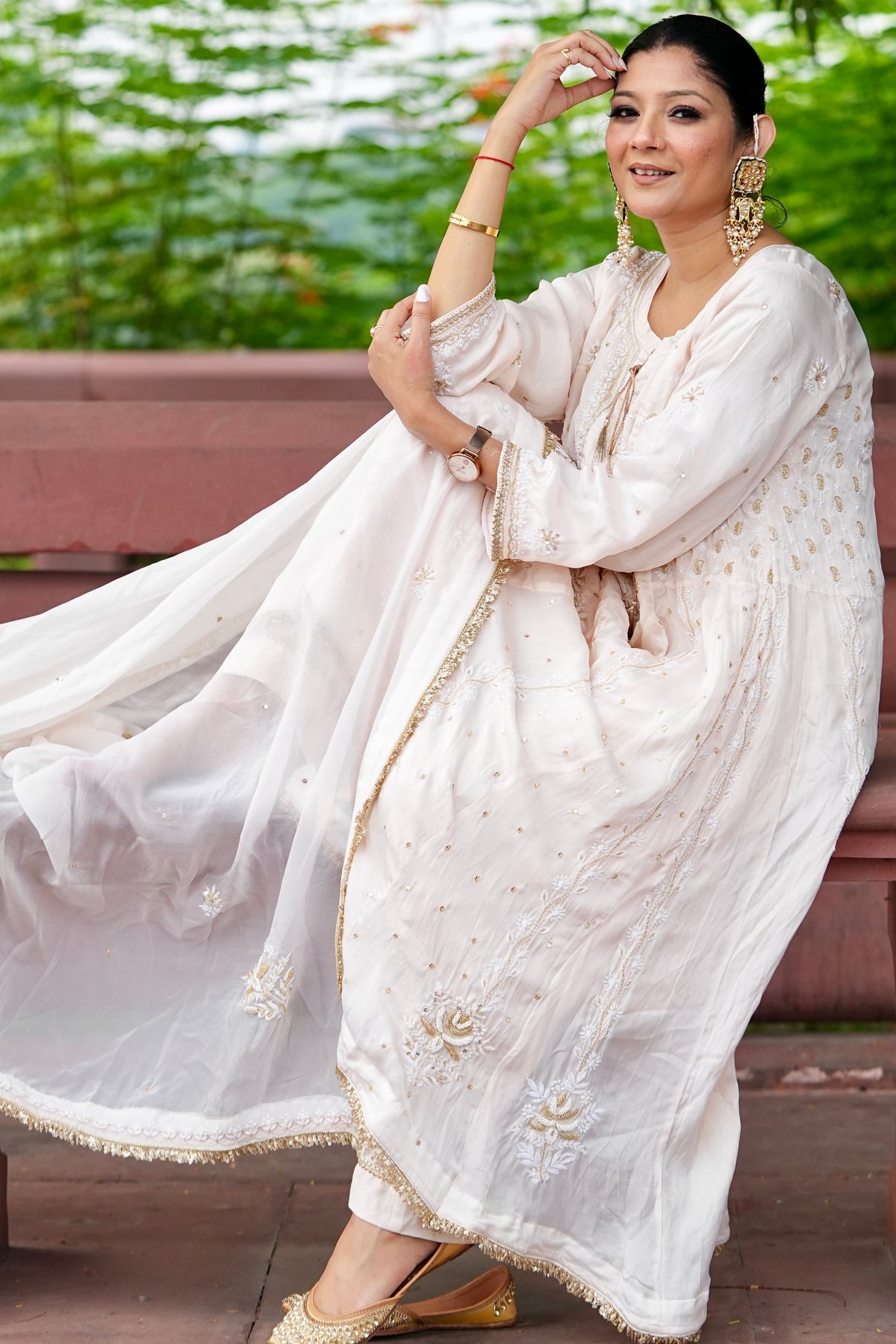 Organza Silk Ready to Wear Anarkali in Ivory & Gold