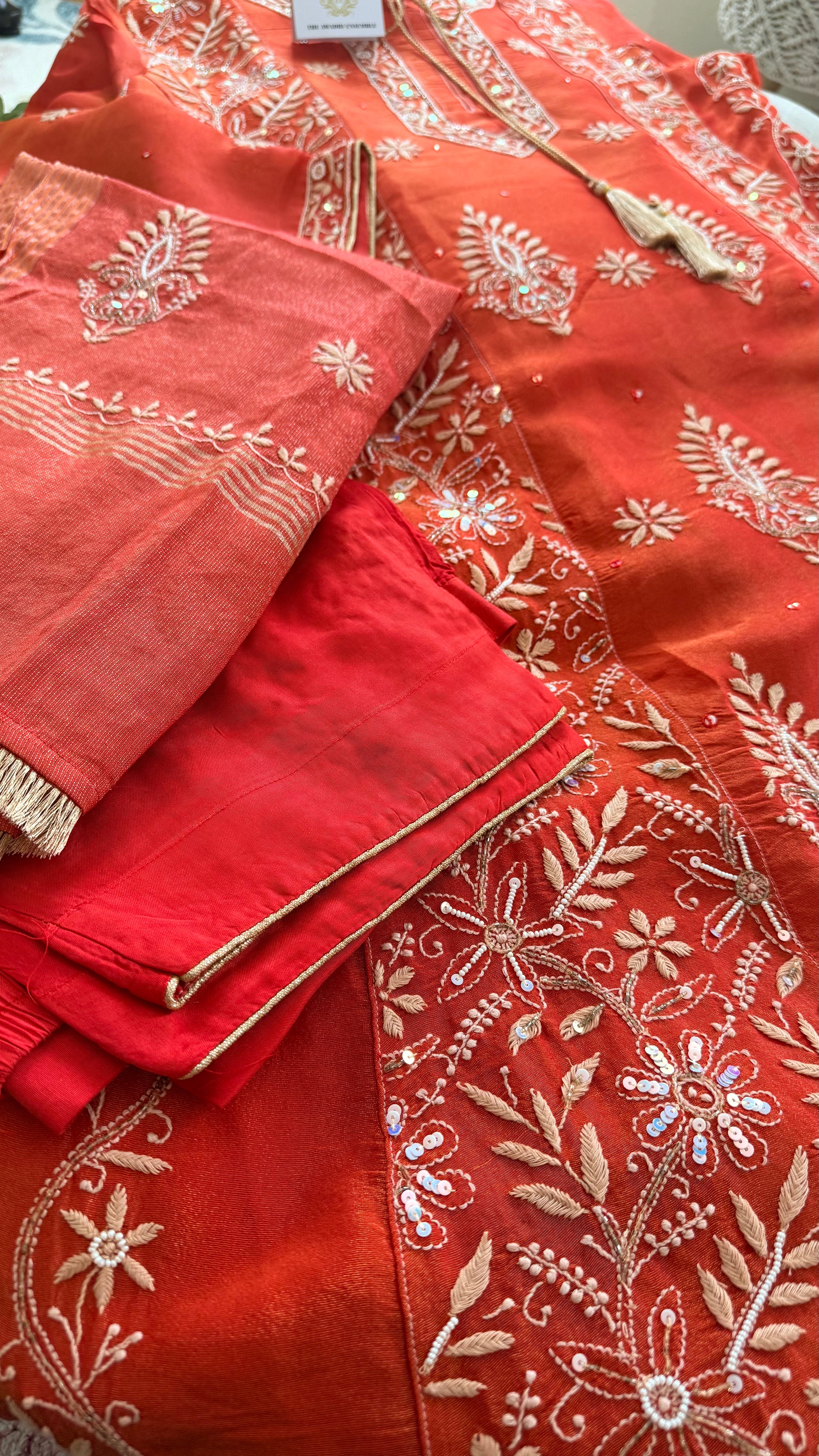 Tissue Silk A Line Panel Suits- Orange