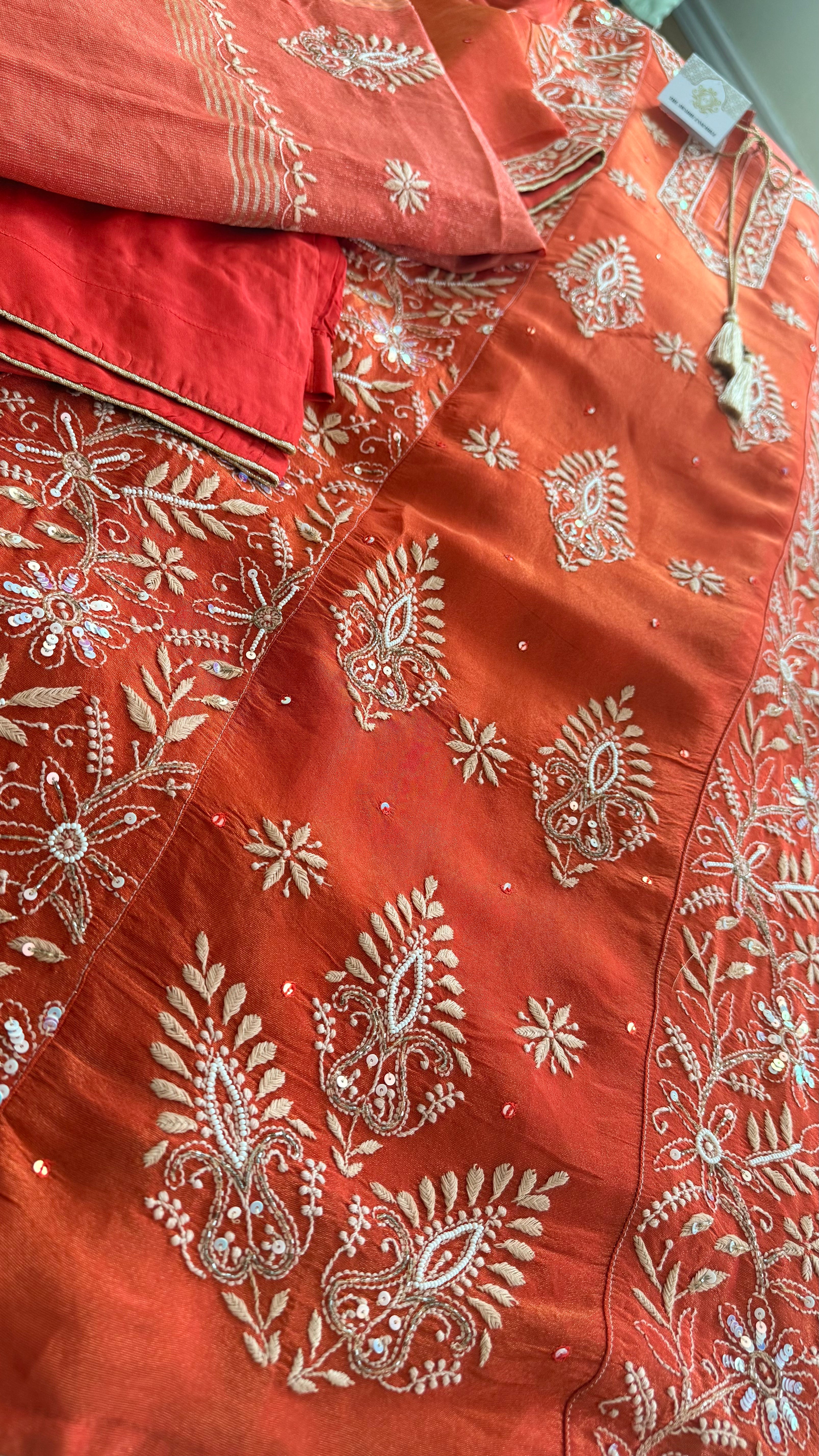 Tissue Silk A Line Panel Suits- Orange