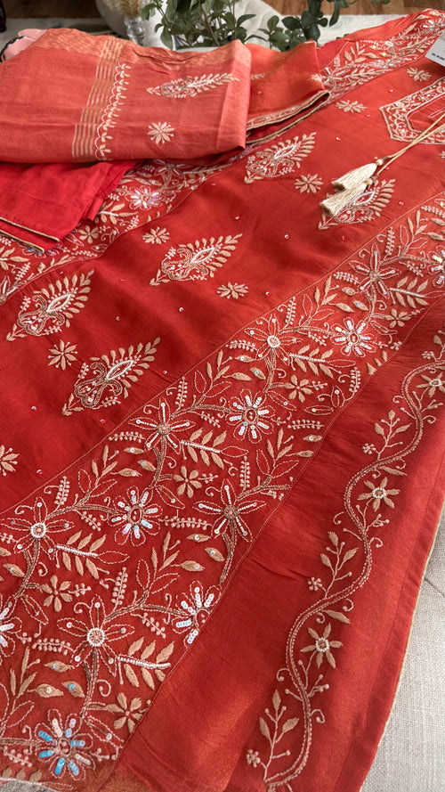 Tissue Silk A Line Panel Suits- Orange