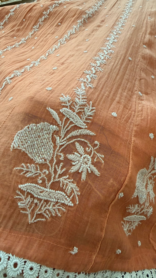 Mul Chanderi Anarkali Set in Burnt Orange
