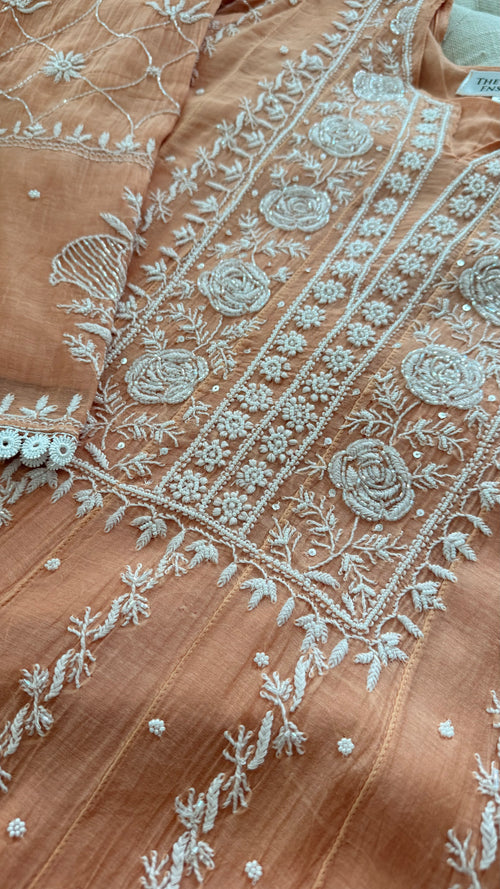 Mul Chanderi Anarkali Set in Burnt Orange
