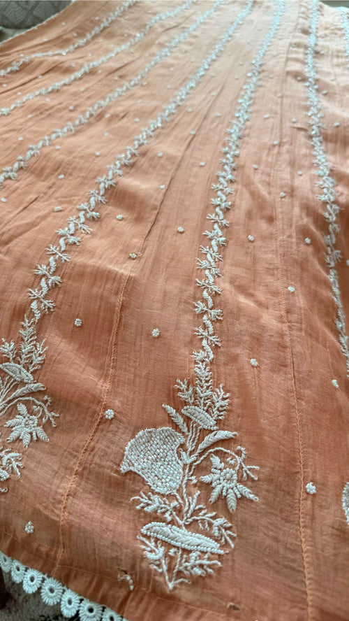 Mul Chanderi Anarkali Set in Burnt Orange