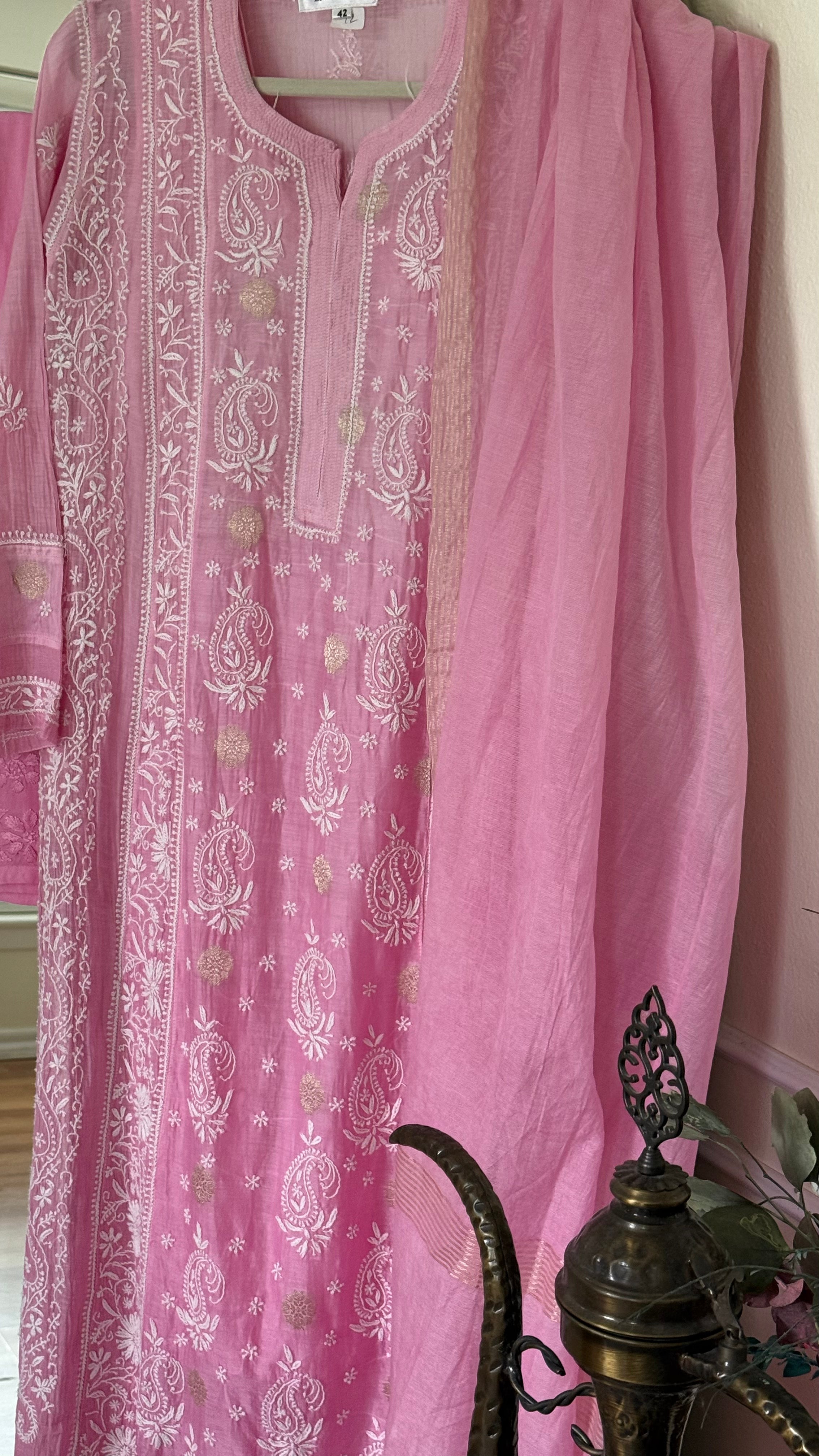 Mul Chanderi Kurta Palazzo Set in Ombre Pink