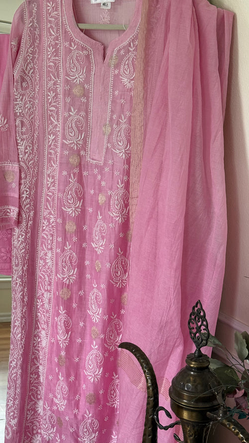 Mul Chanderi Kurta Palazzo Set in Ombre Pink