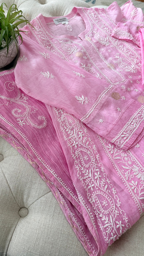 Mul Chanderi Kurta Palazzo Set in Ombre Pink