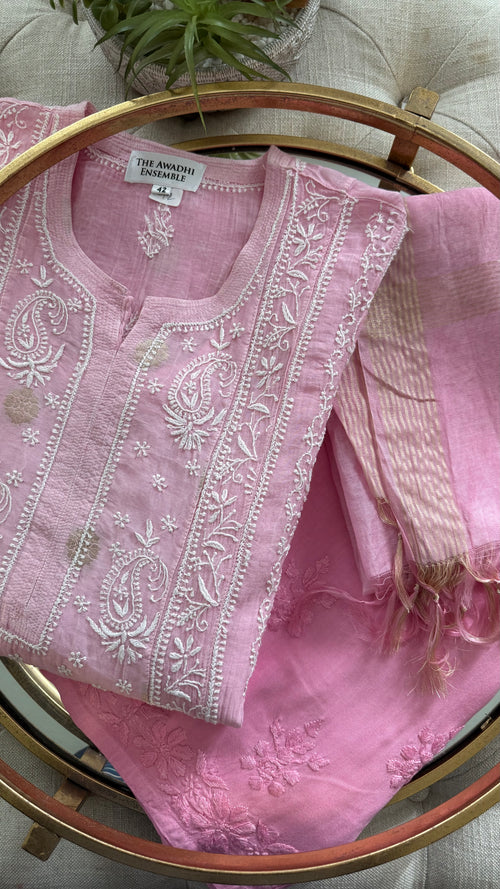 Mul Chanderi Kurta Palazzo Set in Ombre Pink
