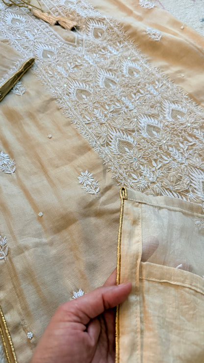 SAHAR: Tissue Silk Chikankari suit set