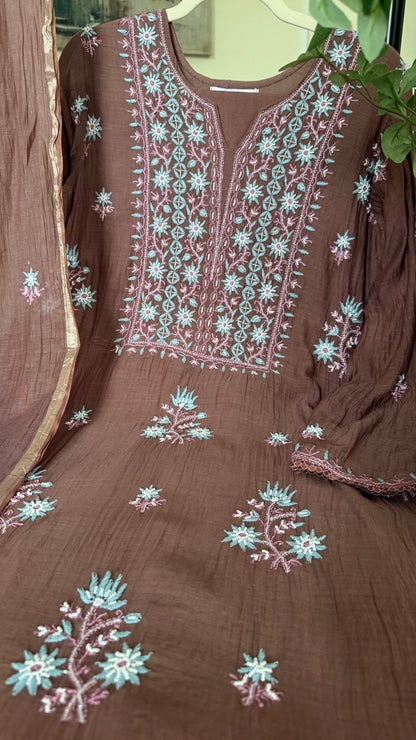 Mul Chanderi ready to wear suit sei- Cobalt blue/Pink/Brown