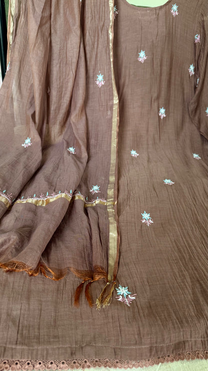 Mul Chanderi ready to wear suit sei- Cobalt blue/Pink/Brown