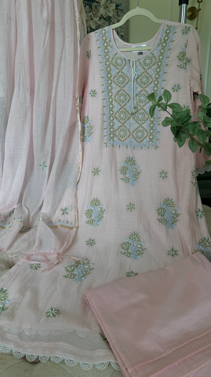 Mul Chanderi ready to wear suit sei- Cobalt blue/Pink/Brown