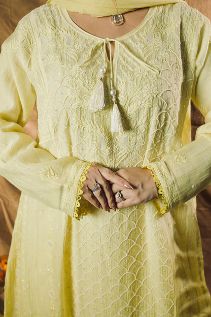 Mul mul Chikankari Anarkali in Sunshine Yellow