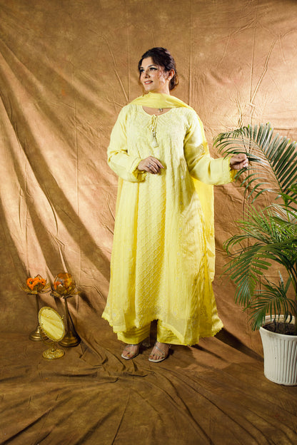 Mul mul Chikankari Anarkali in Sunshine Yellow