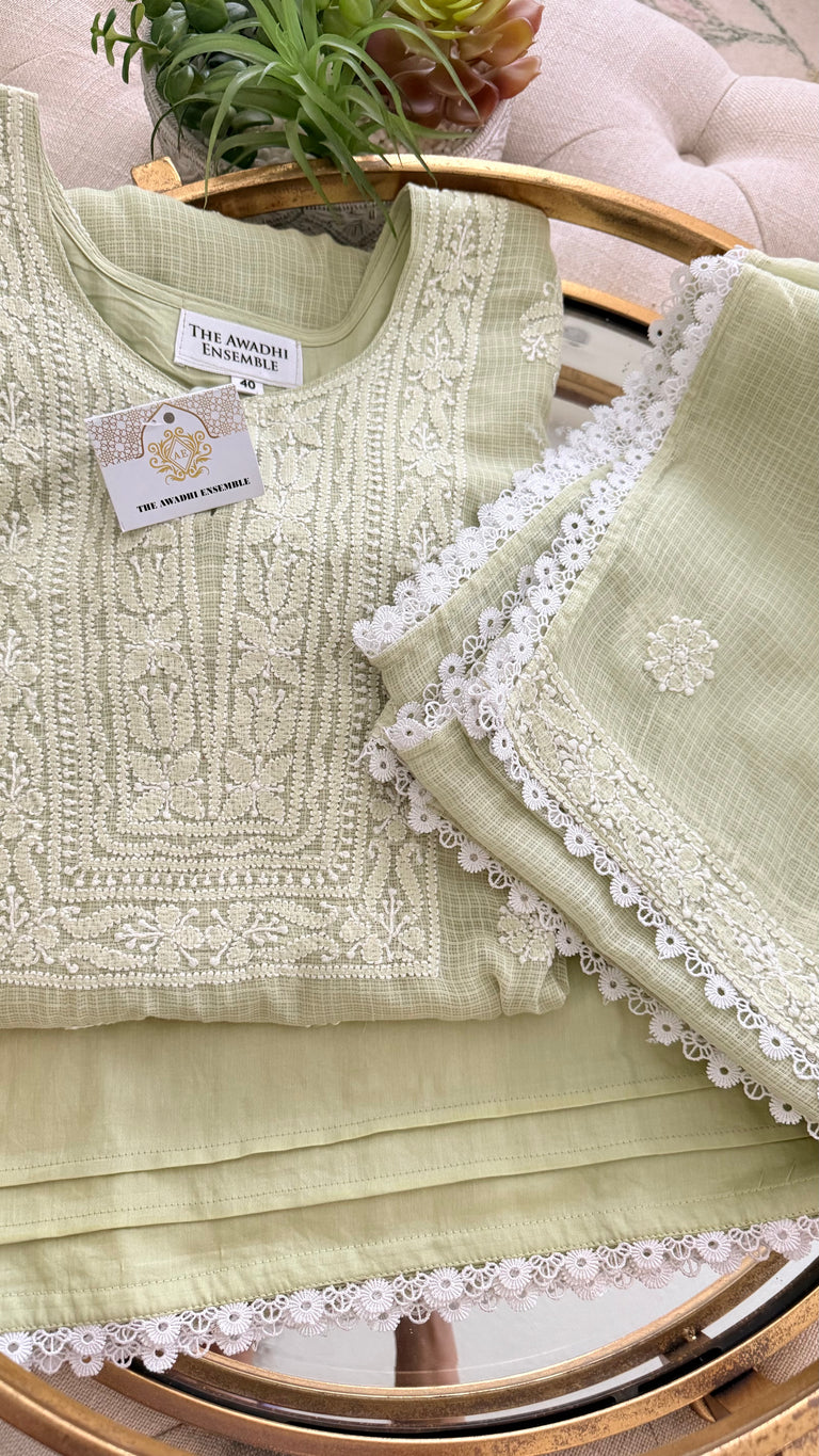 Kota Doriya Chikankari set in a Mint Green