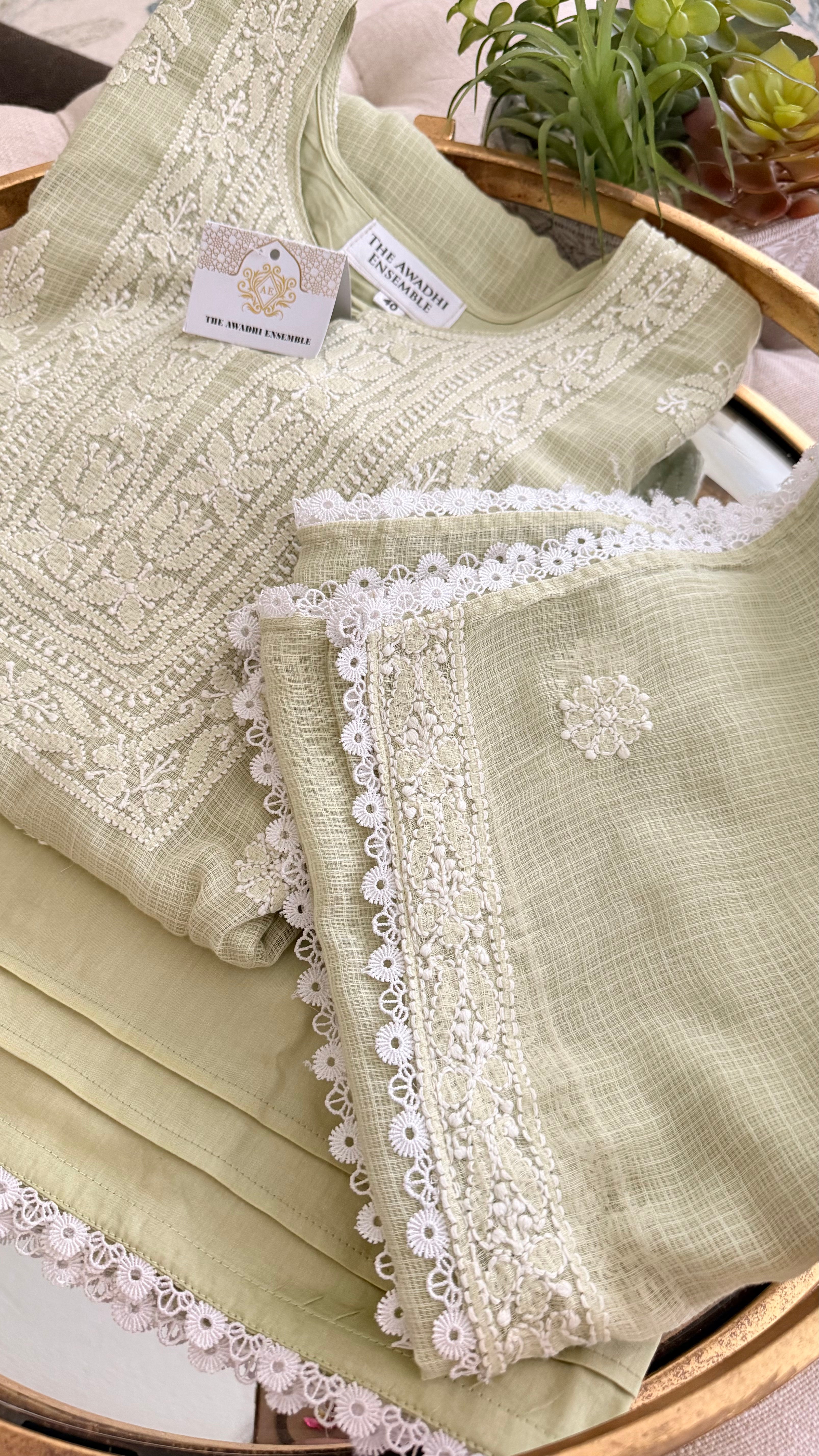 Kota Doriya Chikankari set in a Mint Green