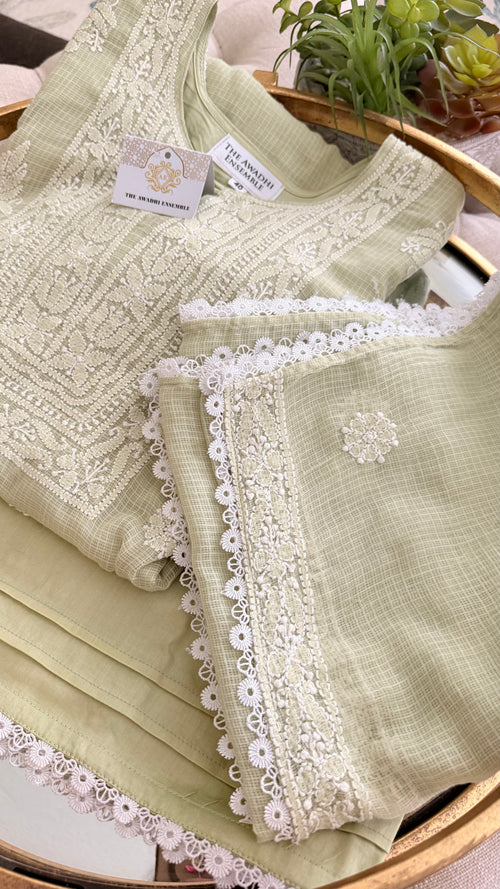Kota Doriya Chikankari set in a Mint Green