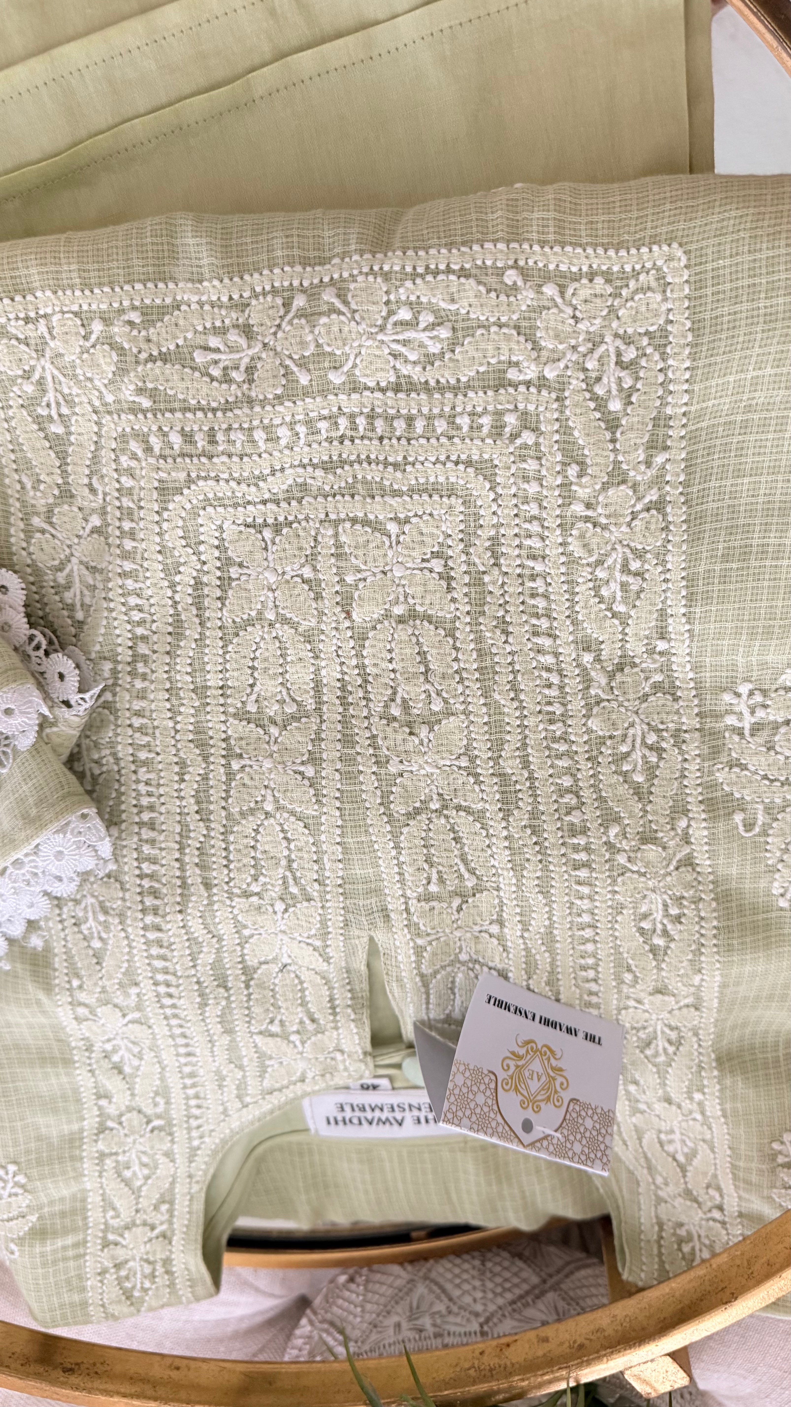 Kota Doriya Chikankari set in a Mint Green