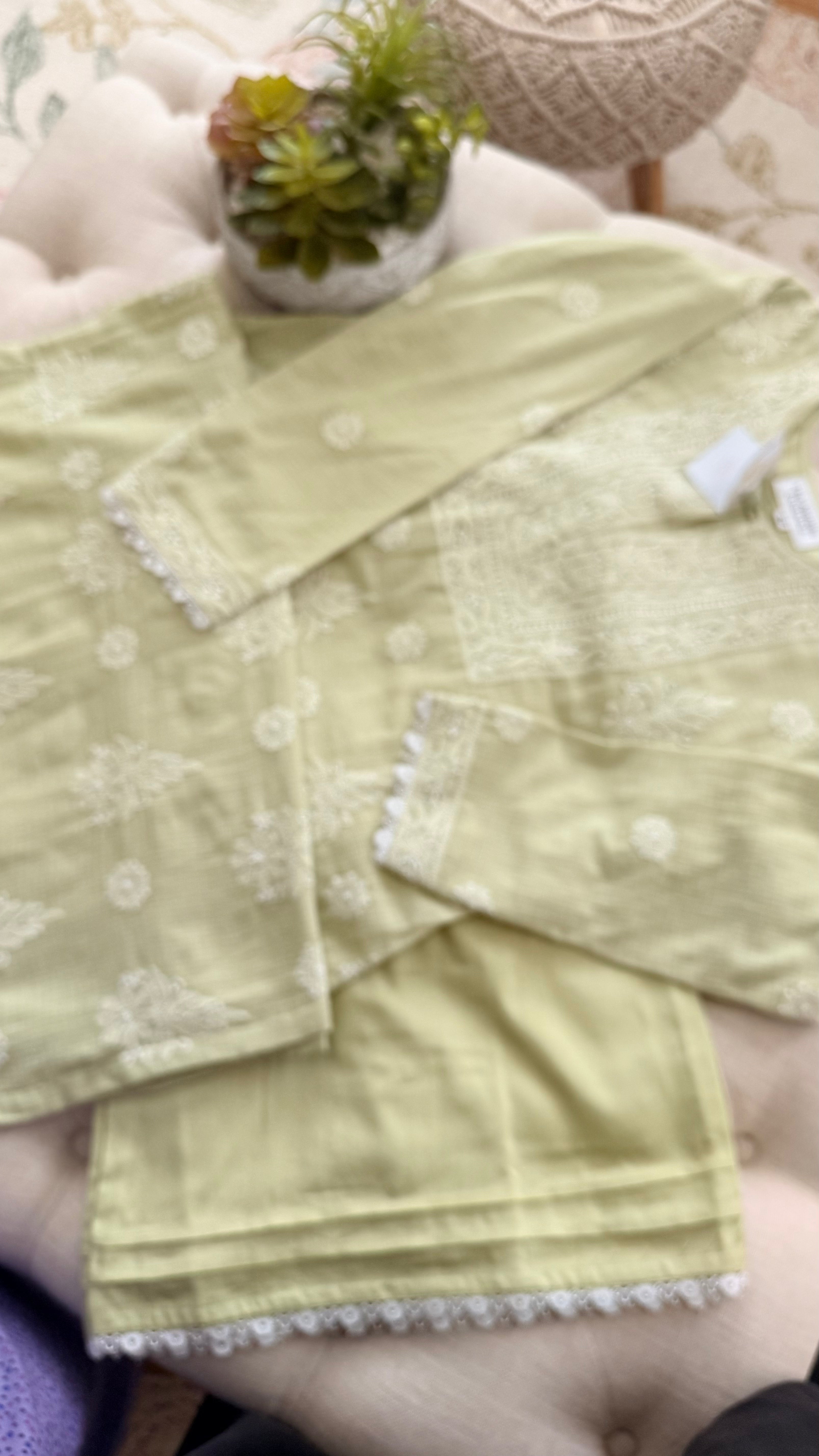 Kota Doriya Chikankari set in a Mint Green