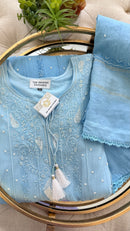 Mul Chanderi Chikankari Anarkali in Powder Blue