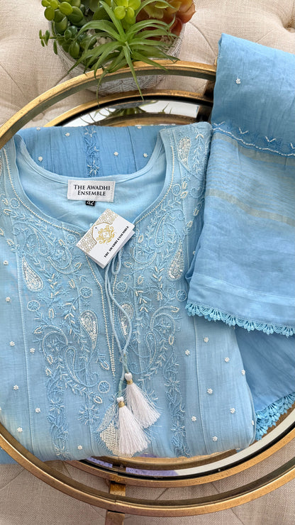 Mul Chanderi Chikankari Anarkali in Powder Blue
