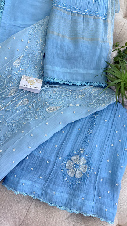 Mul Chanderi Chikankari Anarkali in Powder Blue