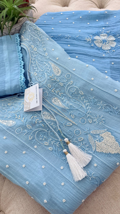 Mul Chanderi Chikankari Anarkali in Powder Blue