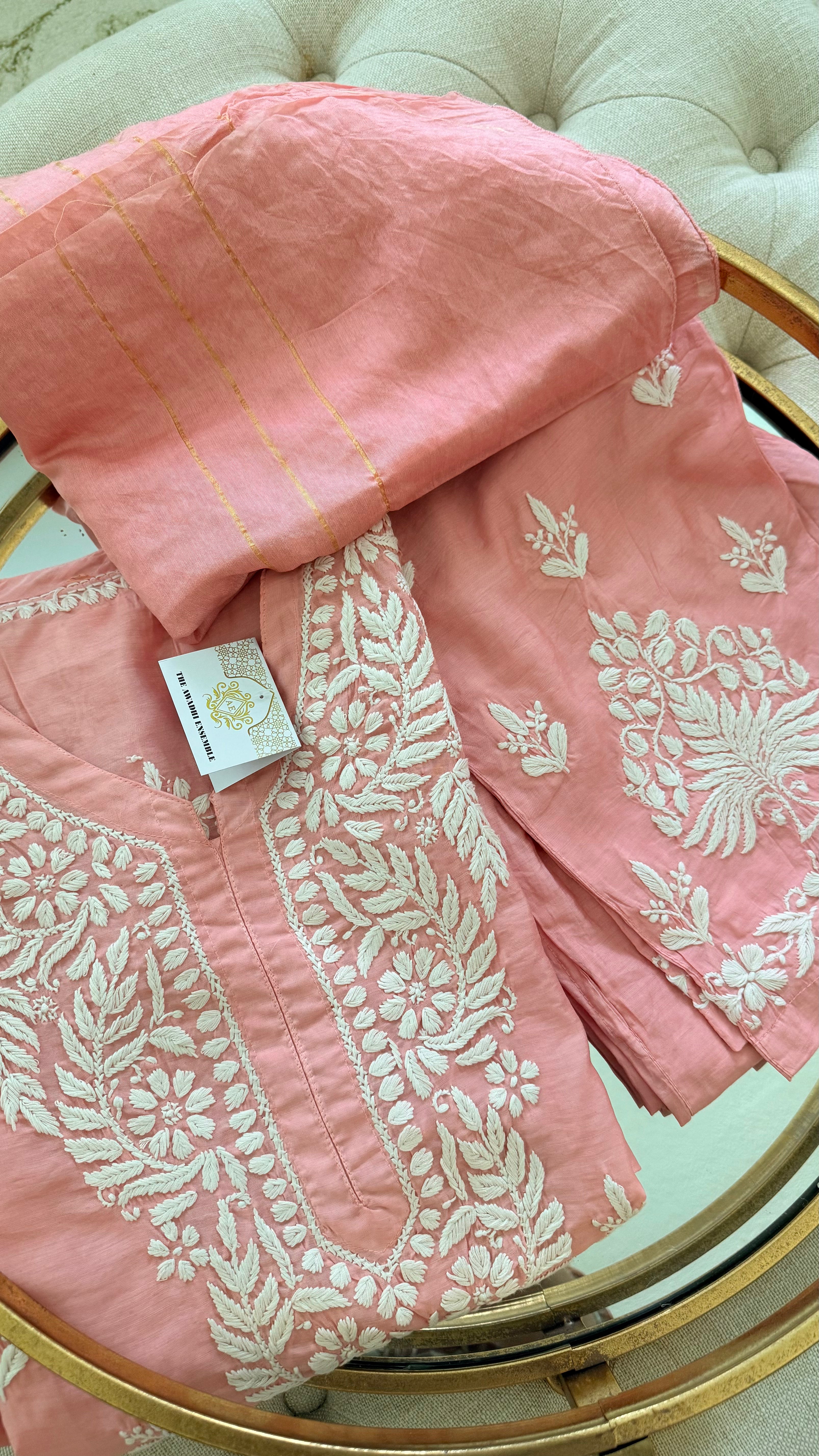 Chanderi cotton Pink 3 piece Chikankari set