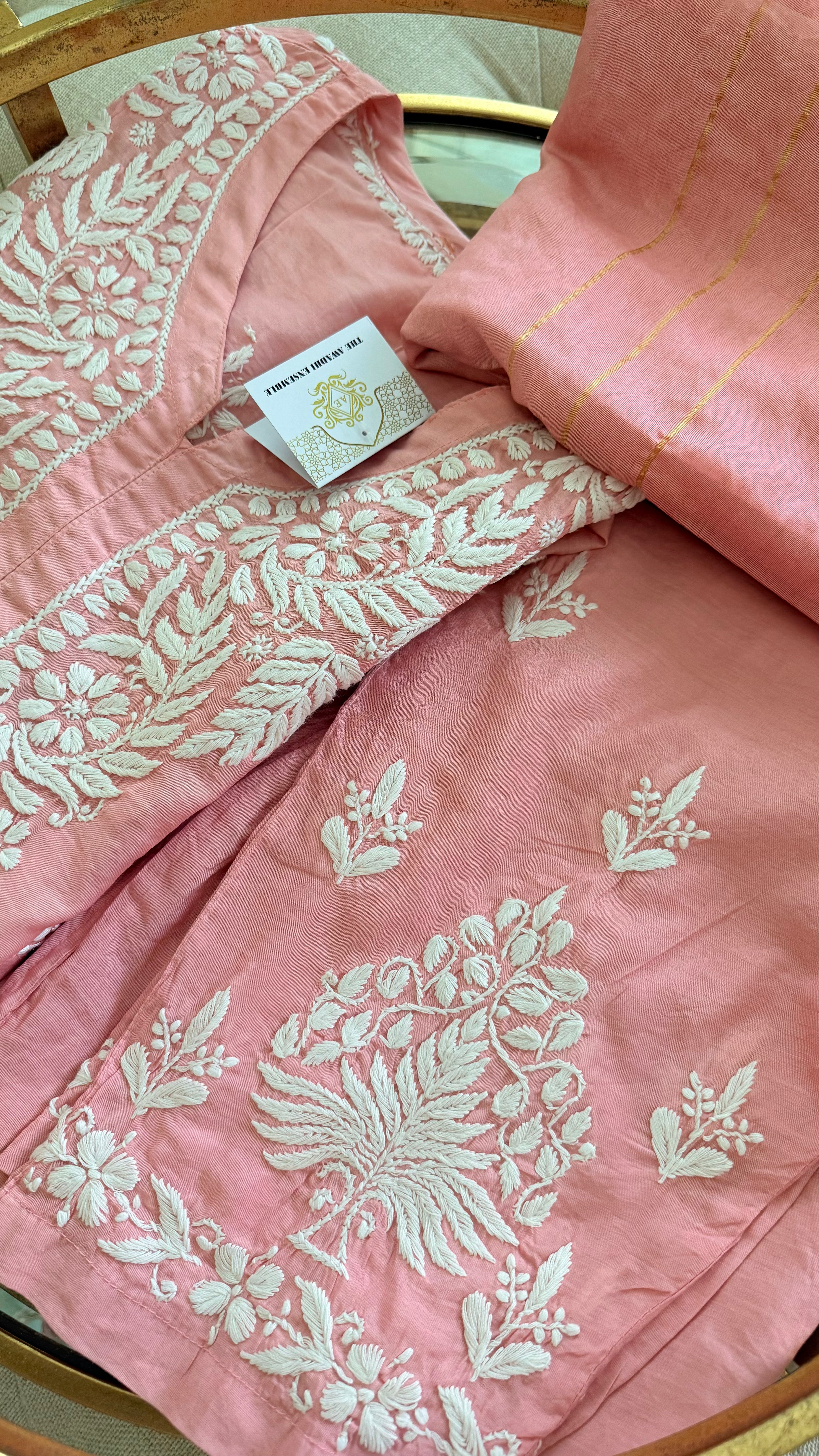 Chanderi cotton Pink 3 piece Chikankari set