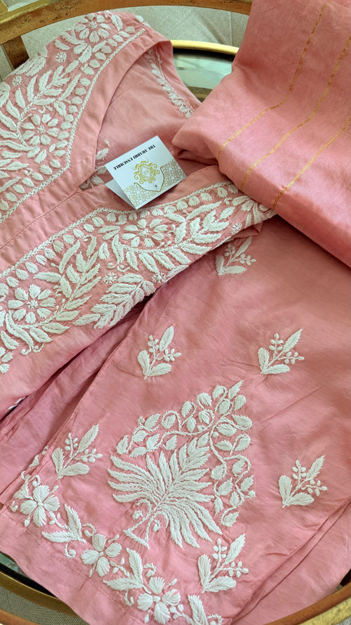 Chanderi cotton Pink 3 piece Chikankari set