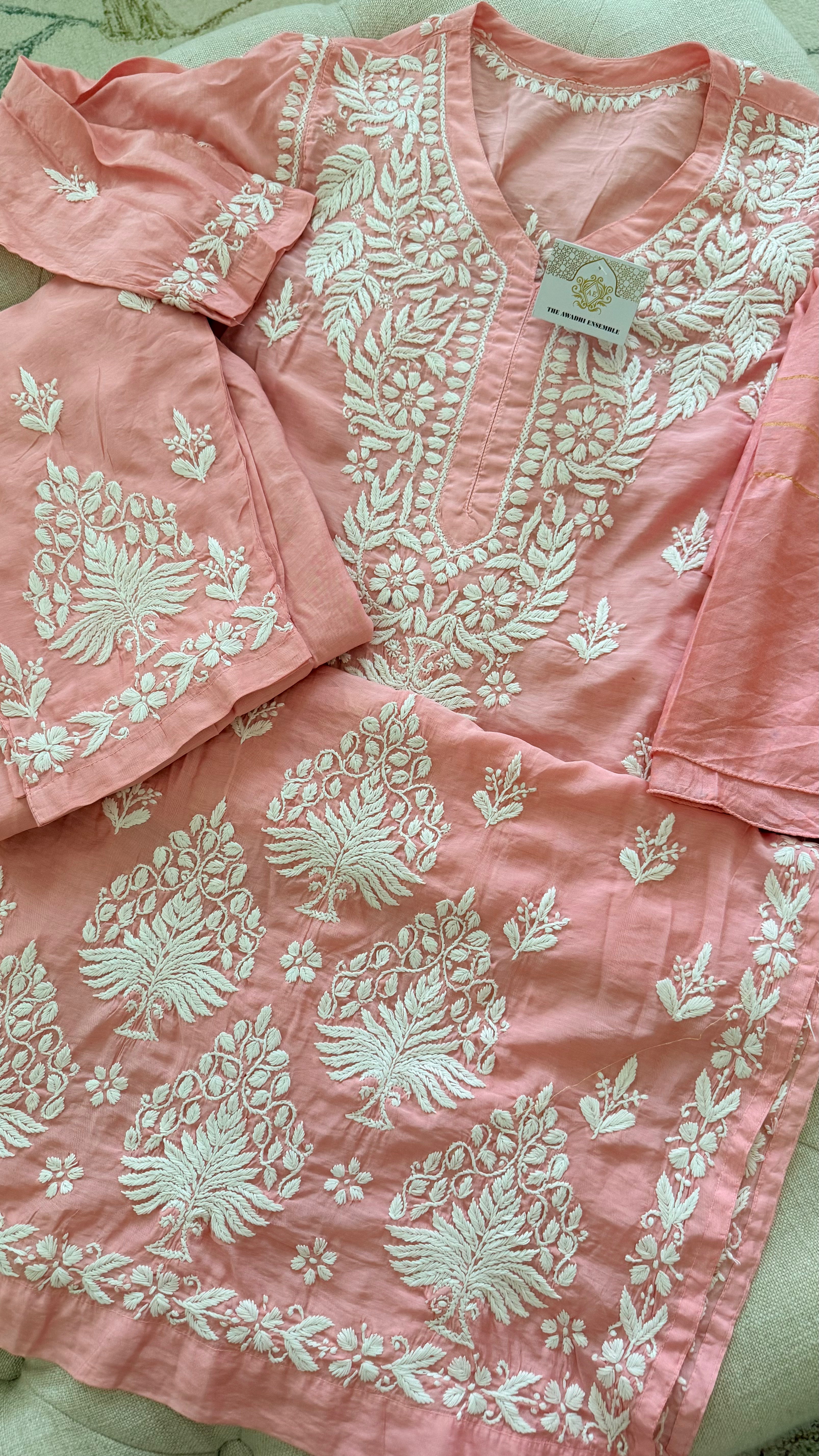 Chanderi cotton Pink 3 piece Chikankari set