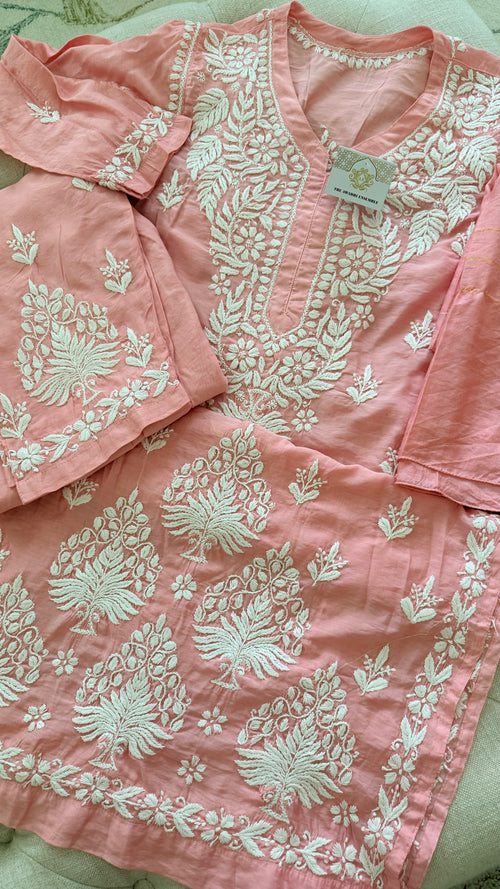 Chanderi cotton Pink 3 piece Chikankari set