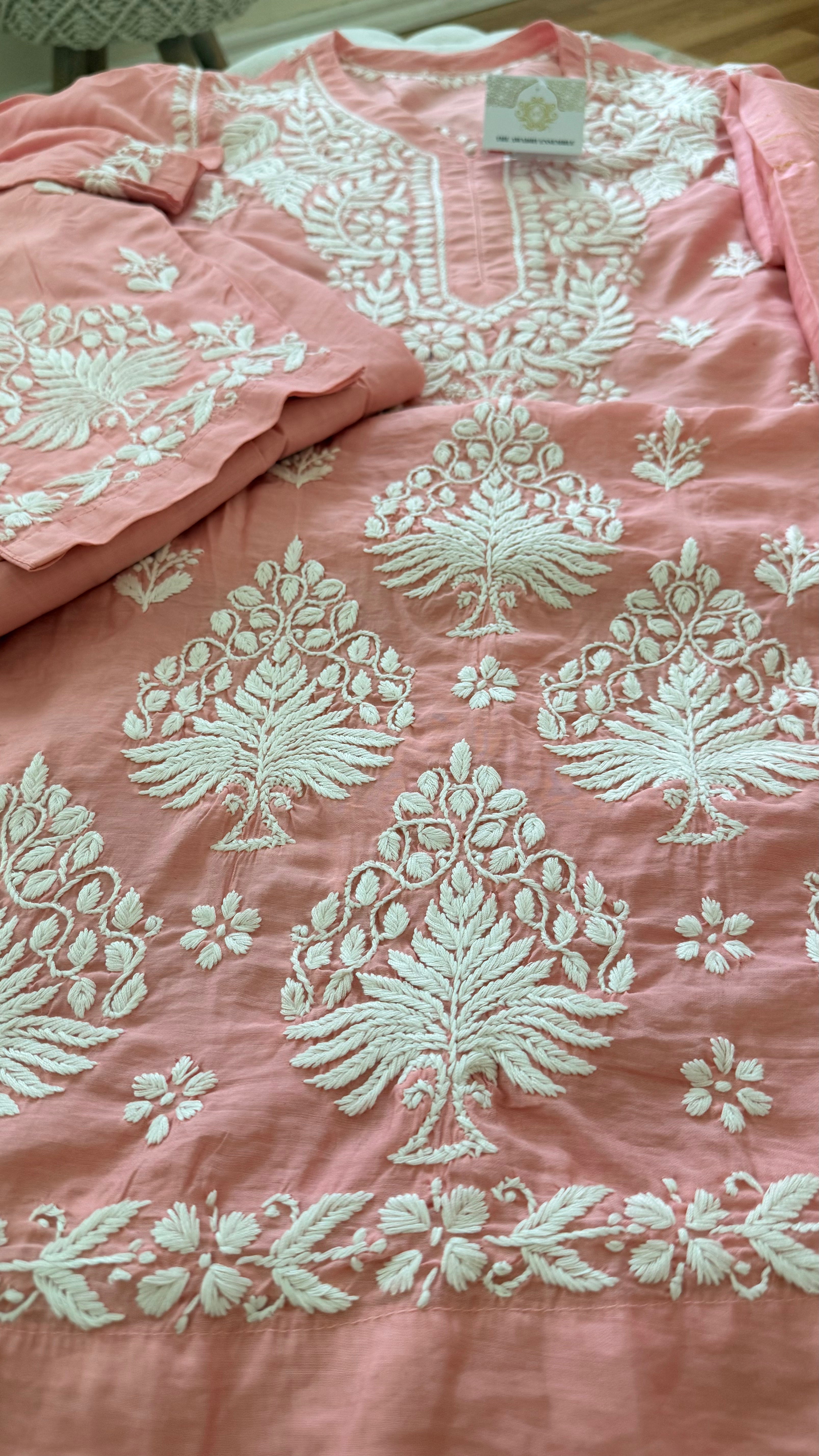 Chanderi cotton Pink 3 piece Chikankari set