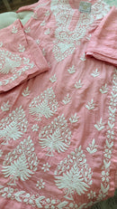 Chanderi cotton Pink 3 piece Chikankari set