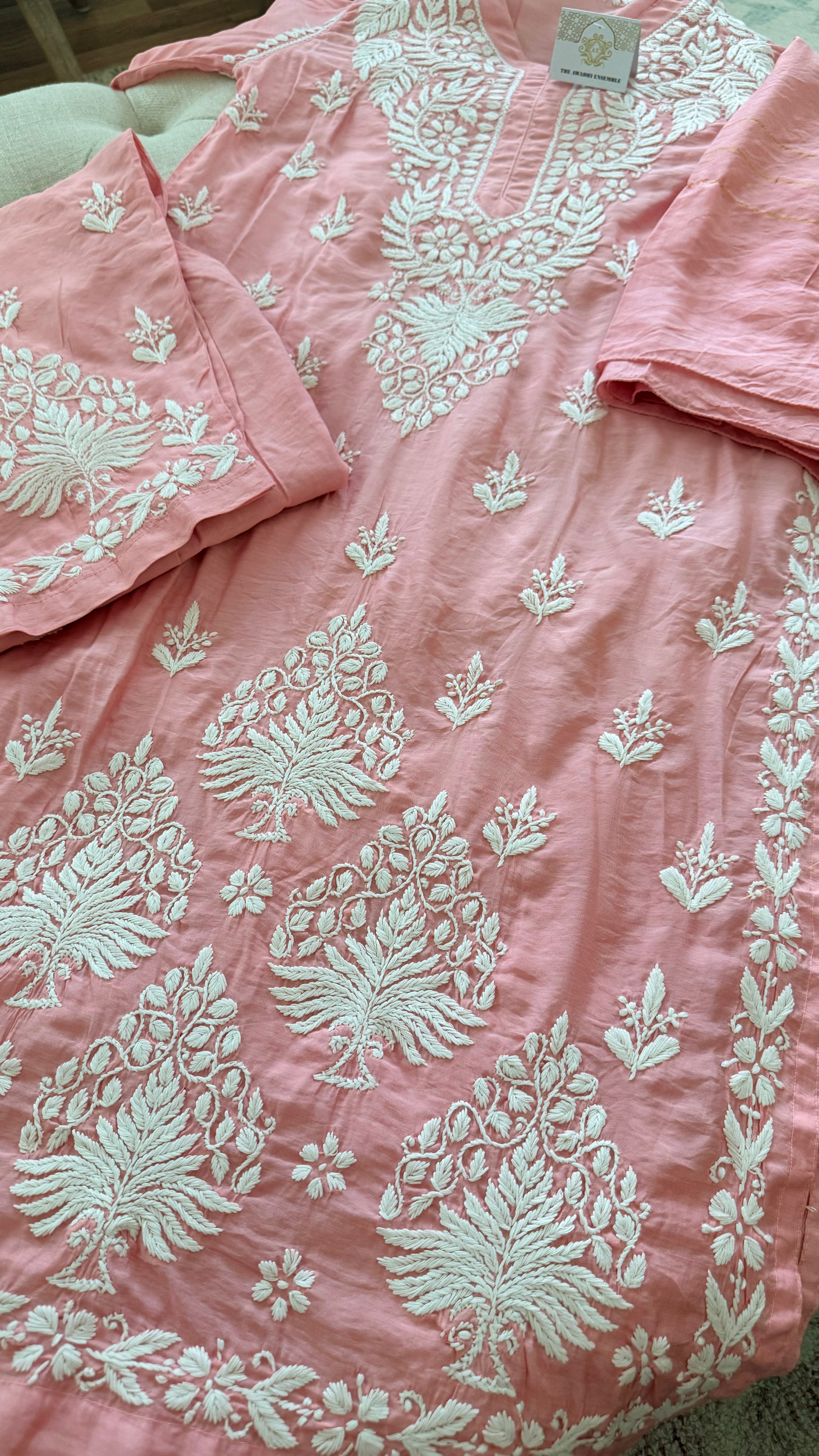 Chanderi cotton Pink 3 piece Chikankari set