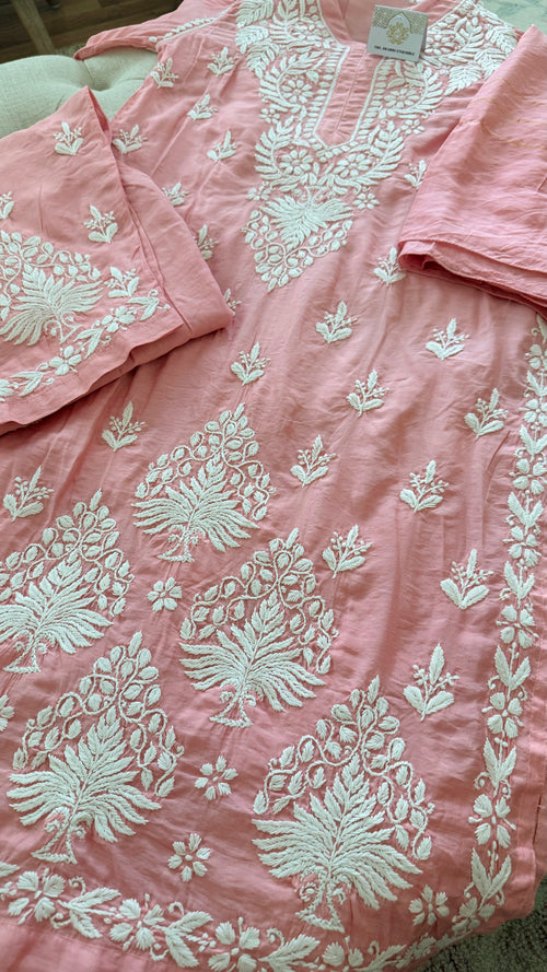 Chanderi cotton Pink 3 piece Chikankari set
