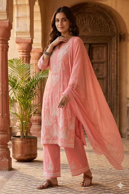 Chanderi cotton Pink 3 piece Chikankari set
