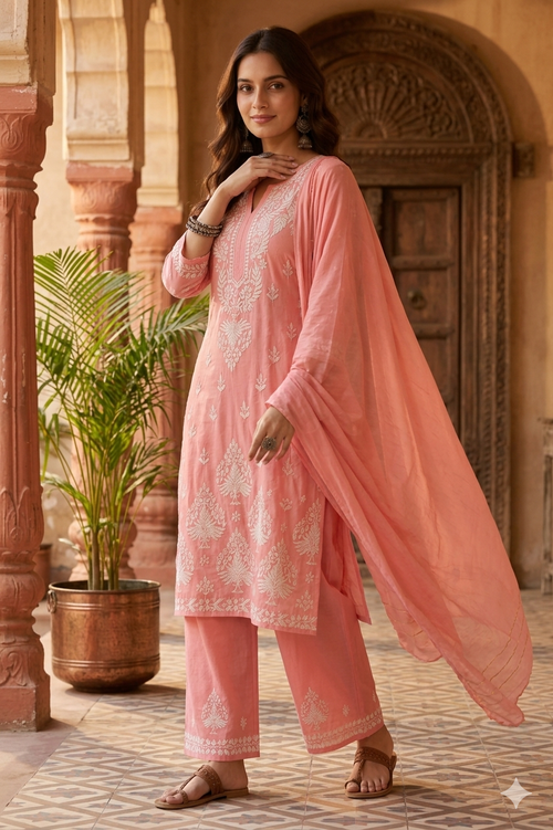 Chanderi cotton Pink 3 piece Chikankari set
