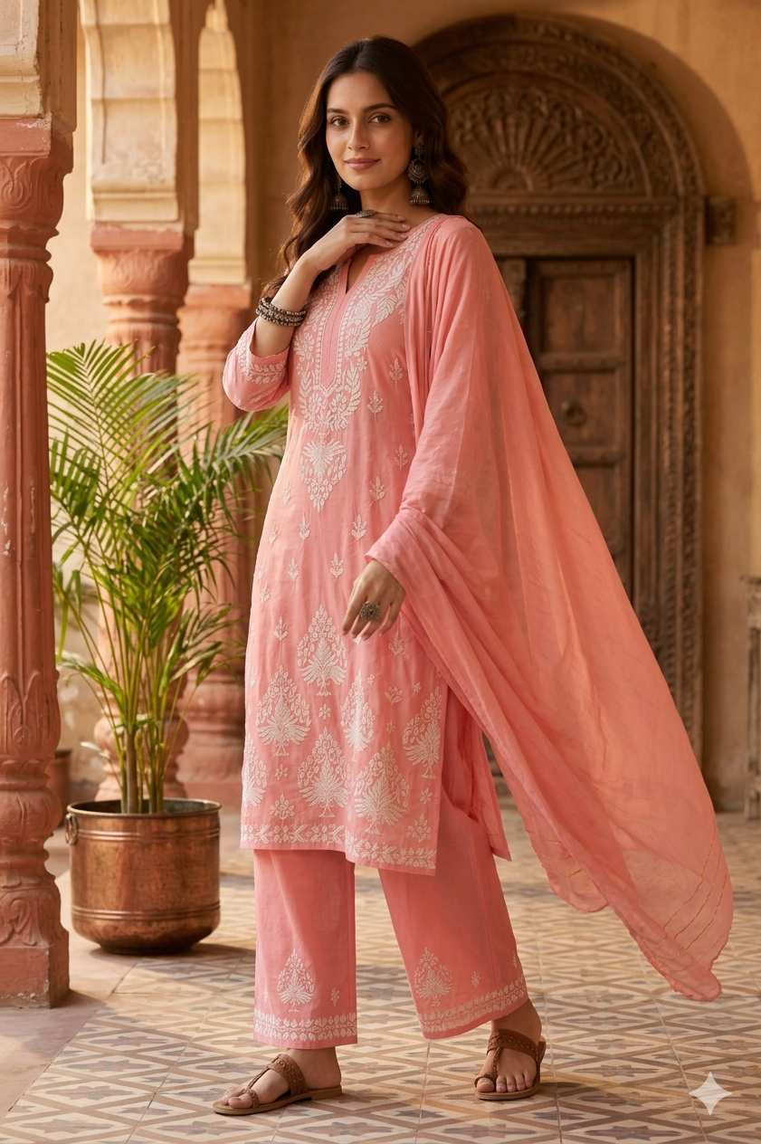 Chanderi cotton Pink 3 piece Chikankari set