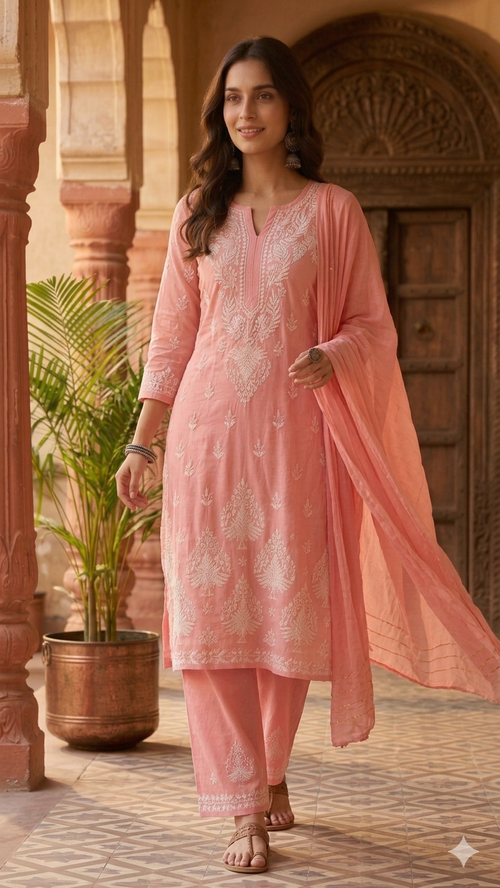 Chanderi cotton Pink 3 piece Chikankari set