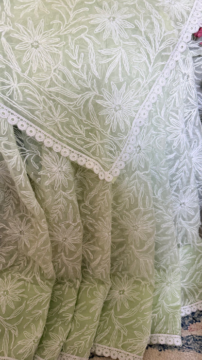 Semi Georgette Saree with Tepchi Work- Light Pista Green