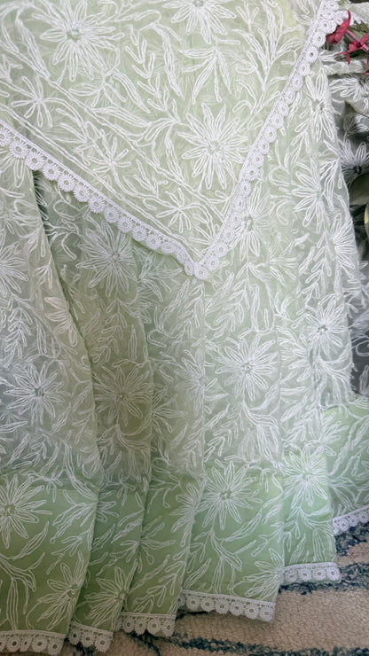 Semi Georgette Saree with Tepchi Work- Light Pista Green