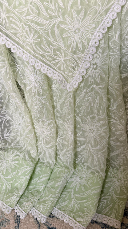 Semi Georgette Saree with Tepchi Work- Light Pista Green