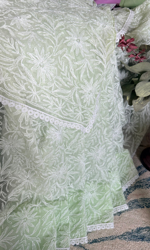 Semi Georgette Saree with Tepchi Work- Light Pista Green