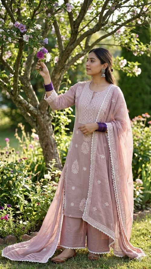 Kota Doriya Chikankari set in a Misty Mauve