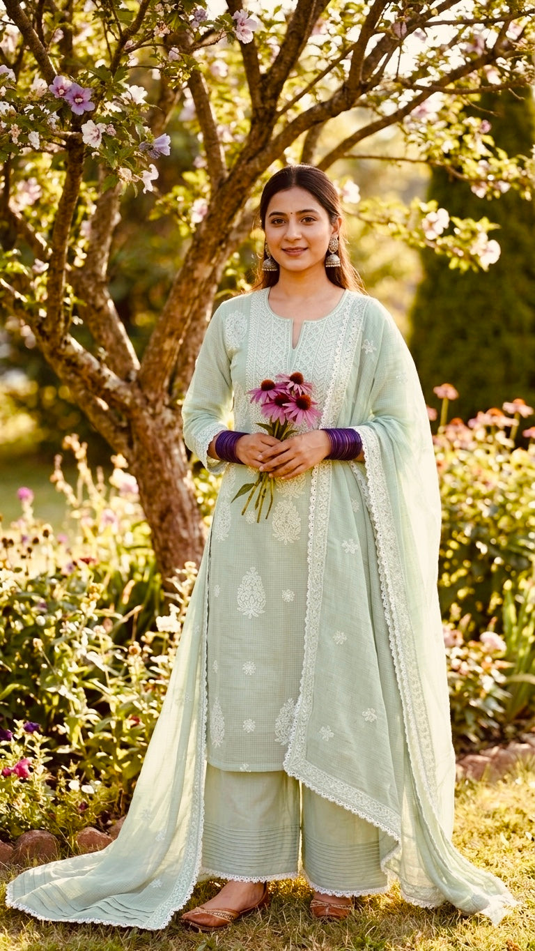 Kota Doriya Chikankari set in a Mint Green
