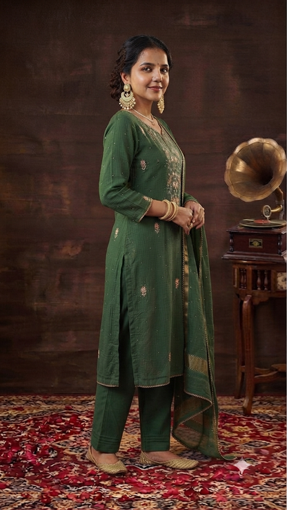 Mul Chanderi Ready to Wear Set with Pitta, Kasab, Pearl & Cutdana work in Forest Green
