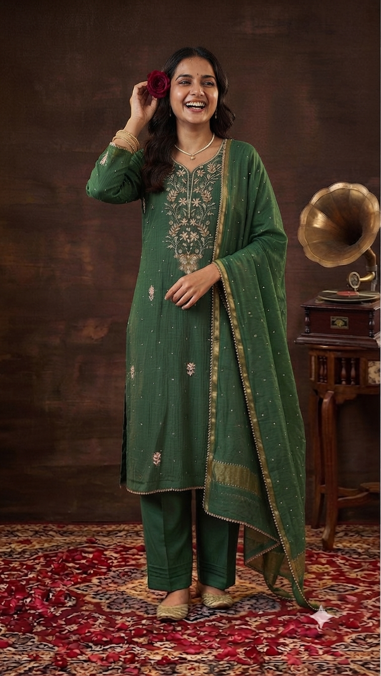 Mul Chanderi Ready to Wear Set with Pitta, Kasab, Pearl & Cutdana work in Forest Green