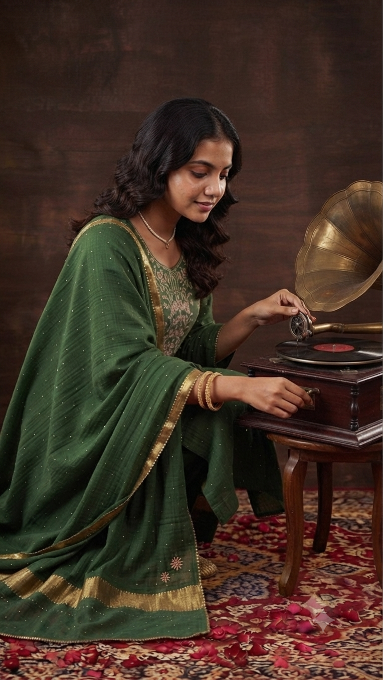 Mul Chanderi Ready to Wear Set with Pitta, Kasab, Pearl & Cutdana work in Forest Green