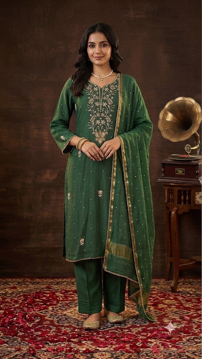 Mul Chanderi Ready to Wear Set with Pitta, Kasab, Pearl & Cutdana work in Forest Green